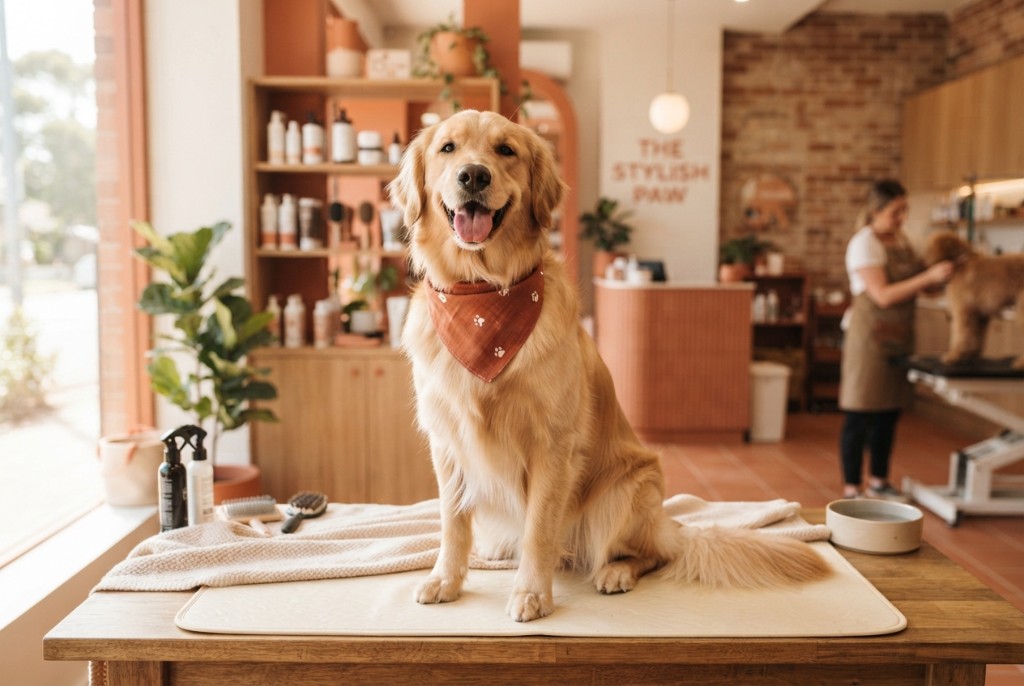 Golden retriever at Paws and Palms grooming salon