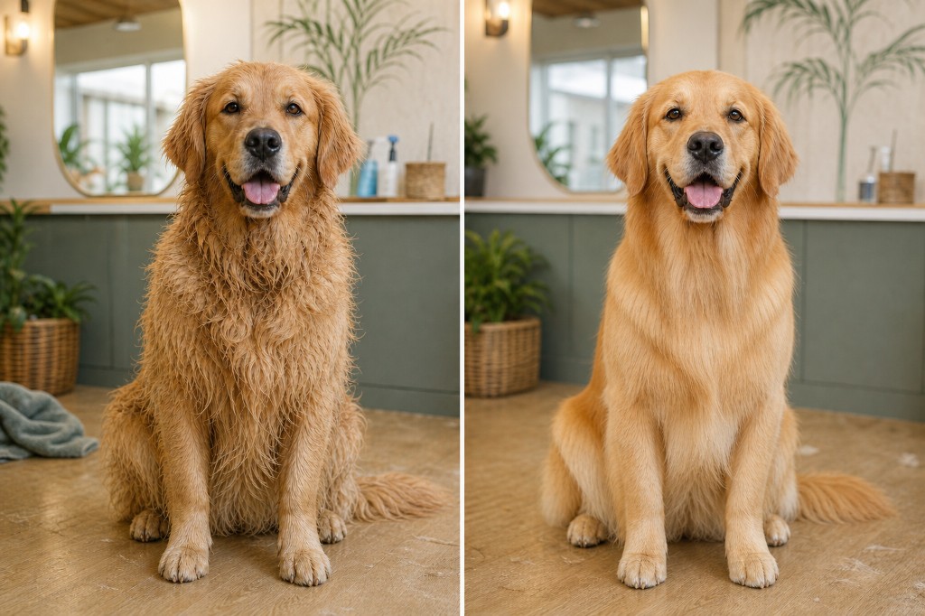 Before and after Golden Retriever spa groom