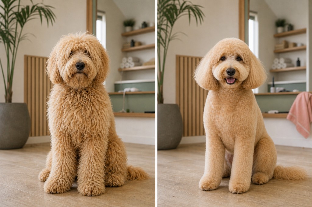 Before and after Goldendoodle full groom