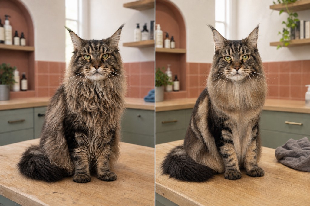 Before and after Maine Coon lion cut
